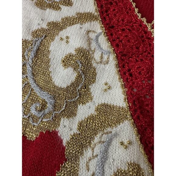 Vintage Large Dana Scott 80s Red White Gold Beaded Sweater Christmas Shiny - Picture 5 of 9
